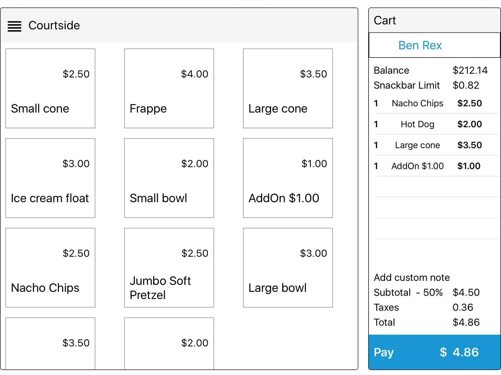 The FunFangle point-of-sale on an iPad: a snack bar menu on the left and a cart on the right showing the camper's name, balance, four items, and a Pay button